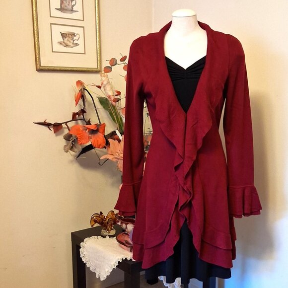 NWT Woman's Simon Chang Wine Burgundy Cardigan Coat Knit Long Outerwear - Picture 6 of 11